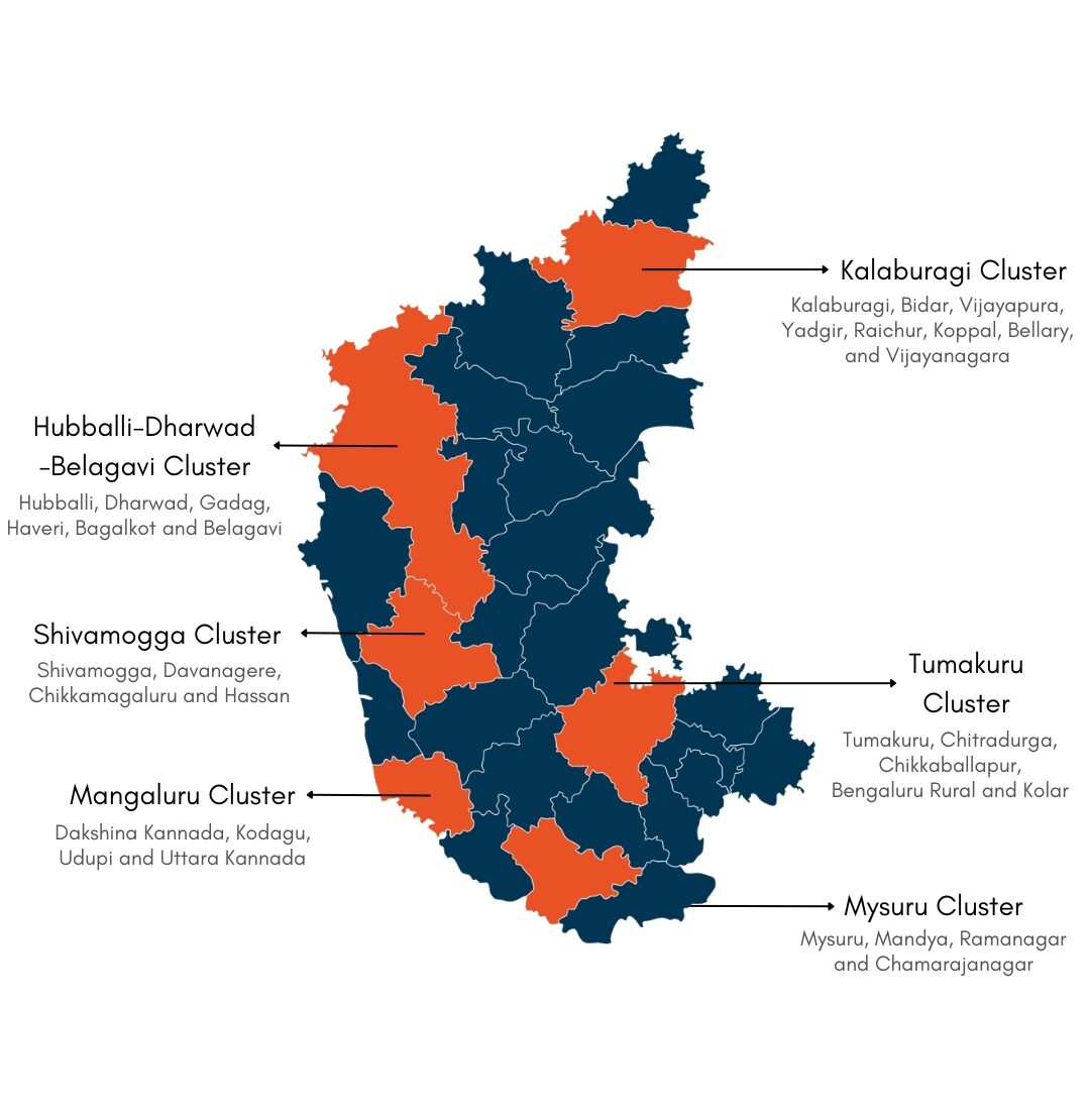 Karnataka map highlighting Beyond Bengaluru focus clusters